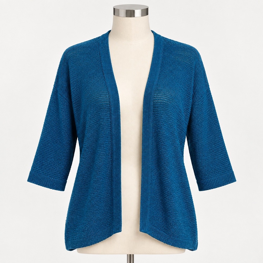 Eileen Fisher Organic Linen Cardigan Teal Blue Open Front Knit Sweater XS